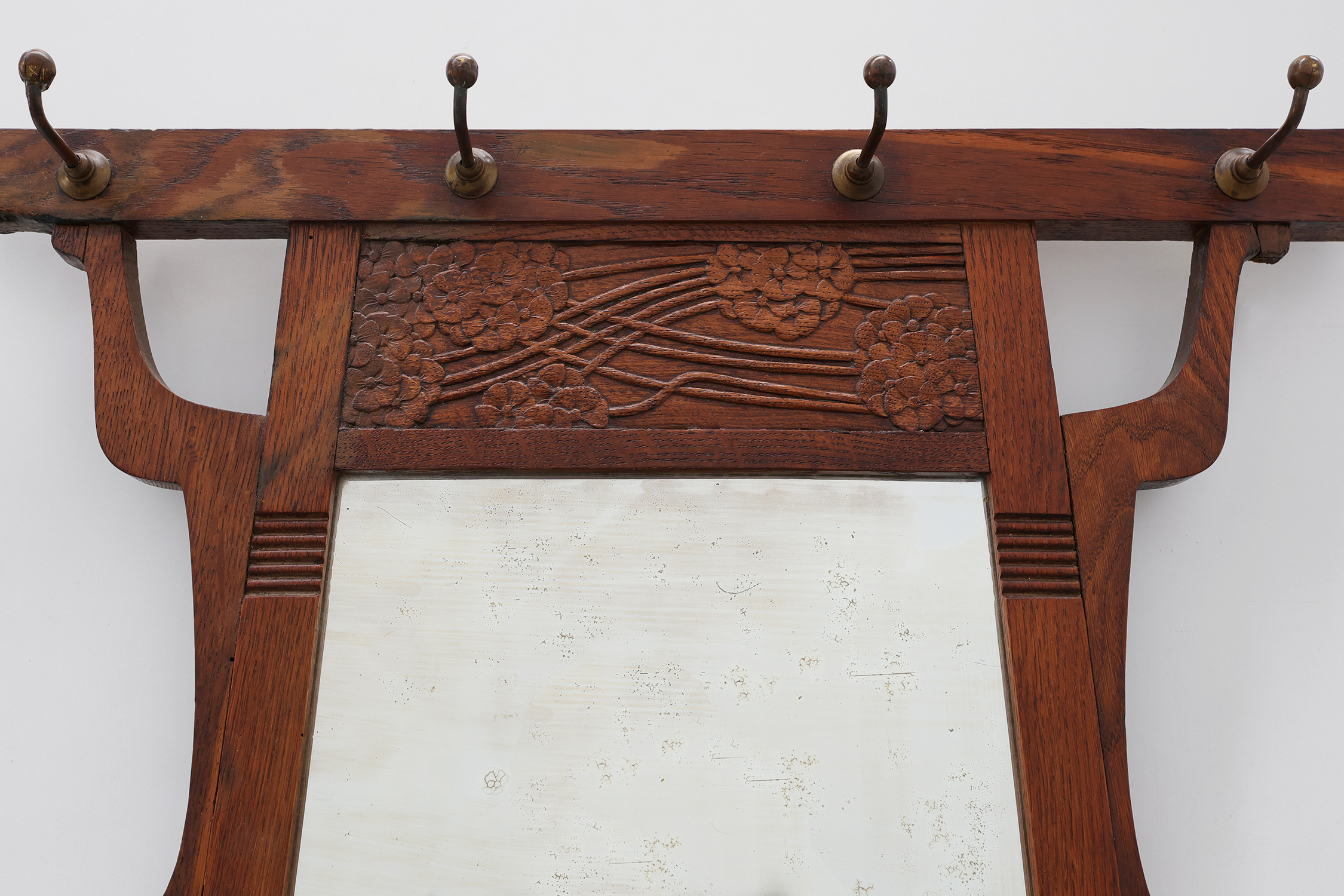 Art Nouveau Oak Coat Rack with Mirror and Floral Carvings, Belgium, circa 1910thumbnail